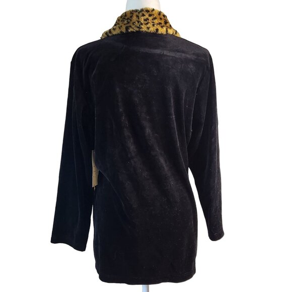 1990s Richard & Company Black Velvet Smoking Jacket Small Leopard Faux Fur Trim - Picture 5 of 8